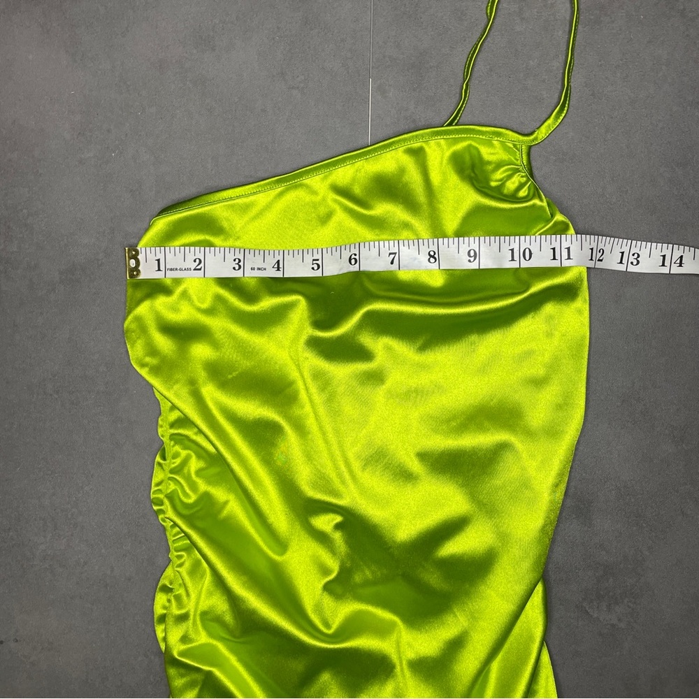 Lime Green‎ Ruched One Shoulder Satin Midi Dress - Picture 4 of 5